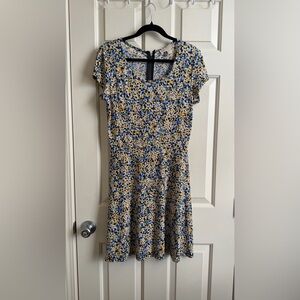Michael Kors Blue and Yellow Floral Cap-Sleeve A-Line Mini Dress